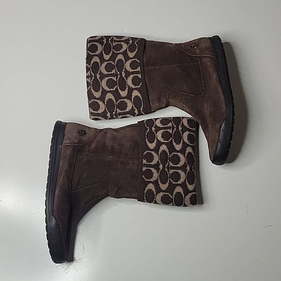COACH 7.5 SUEDE LEATHER + WOOL BROWN BLACK TAN TATUM BOOTS 7 1/2 - Picture 4 of 14